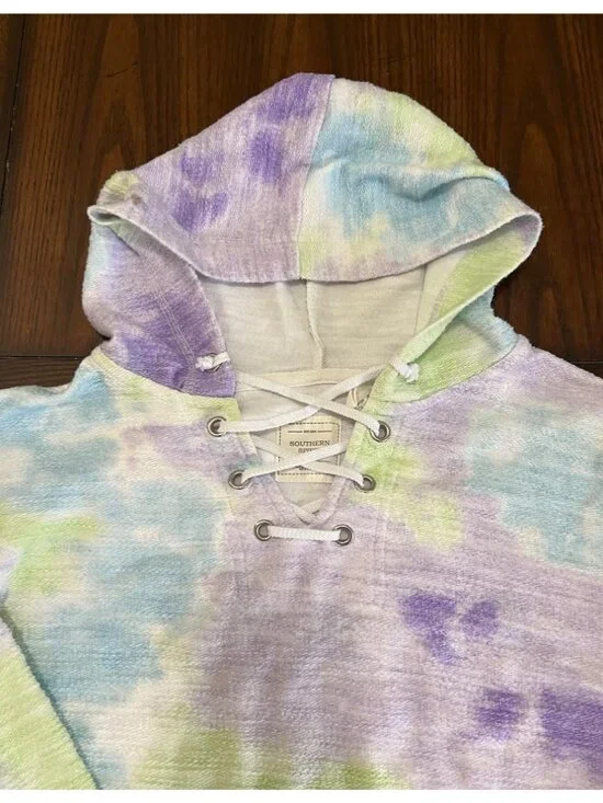 Southern Spirt Pastel Tie Dye Lace Front Pullover Hoodie Top Pocket Medium - Picture 3 of 9